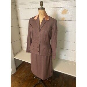 VTG 1940's Kings Johnston City TN Virgin Wool Skirt Suit Brown Satin Collar MD